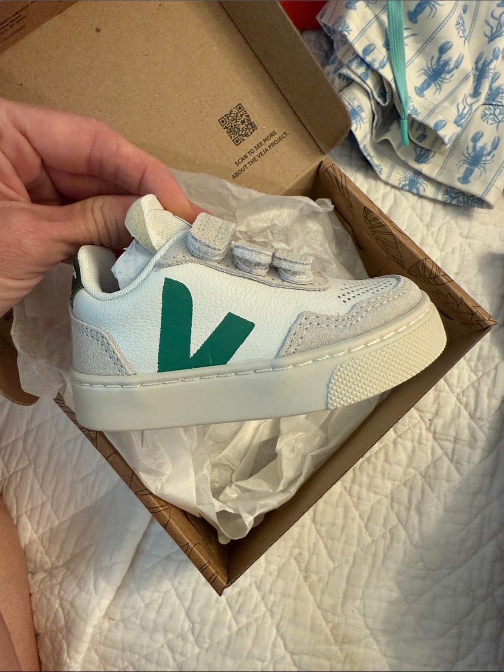 Veja Kids White Sneaker with Green V Patch and Velcro Straps
